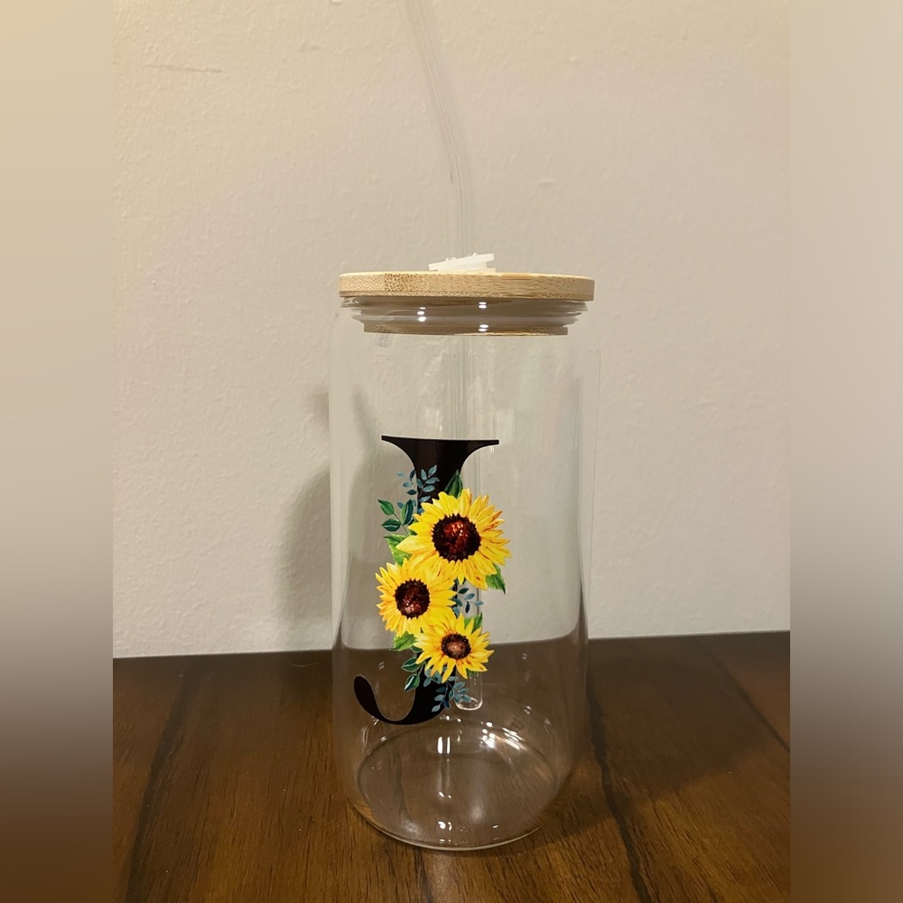 Monogram “J” Sunflower Glass Tumbler with Glass Straw, EUC